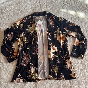 Floral Open-Front Cardigan - Black and Cream